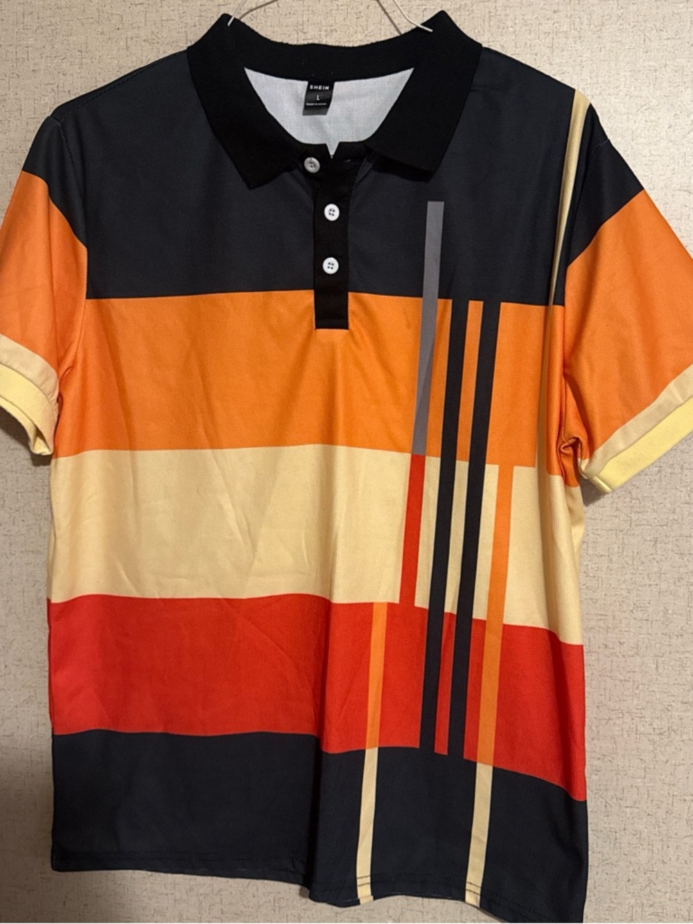 SHEIN Men's Colorblock Stripe Polo in Orange, Red, Cream & Black